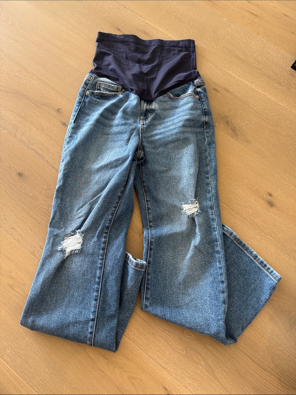 Pinkblush Blue Distressed Straight-Leg Maternity Jeans with Navy Overband